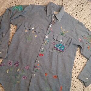 Vtg JCPenneys Womens M Big Mac Blue Embroidered Artsy Mushroom‎ Eclectic Whimsey